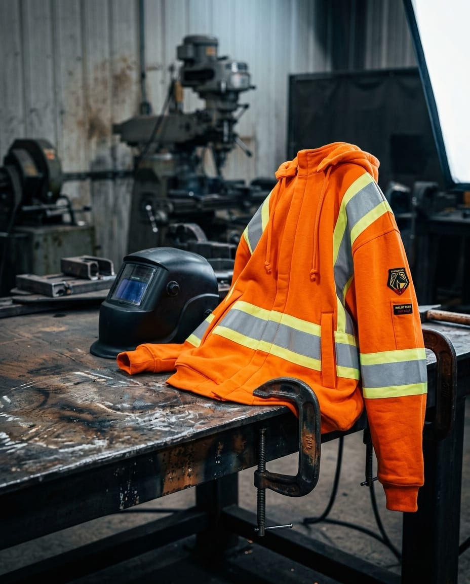 Black Stallion orange high visibility hooded sweatshirt with reflective strips next to a welding helmet on a workbench