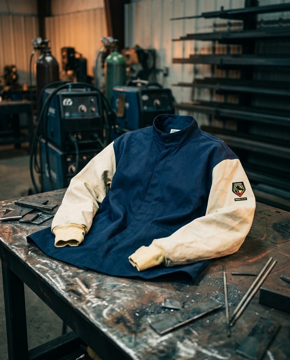 Black Stallion welding jacket with blue torso and tan sleeves on a metal workbench