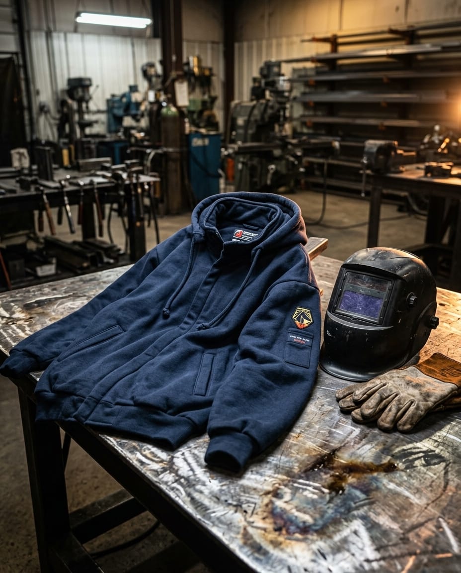 Black Stallion navy blue hooded sweatshirt with welding helmet and leather gloves on a metal workshop table