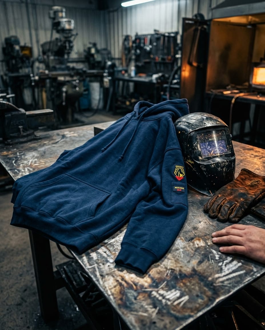 Black Stallion navy blue hoodie on a workshop table with a welding helmet and leather gloves