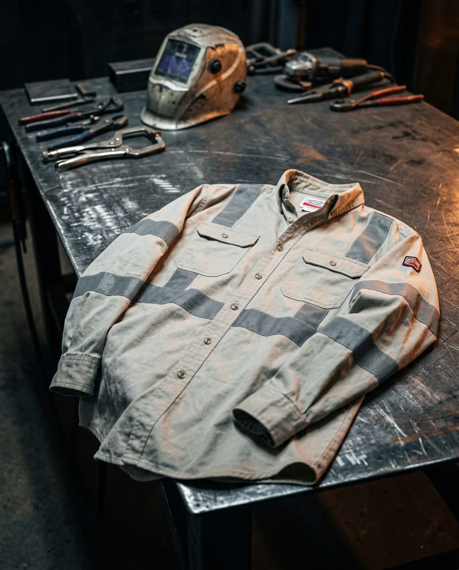 Black Stallion tan long sleeve work shirt with reflective stripes on a metal workbench with welding tools