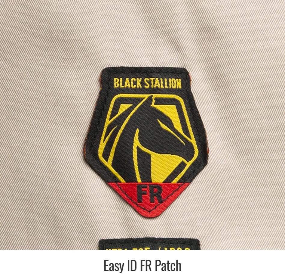 Black Stallion flame resistant patch on tan fabric