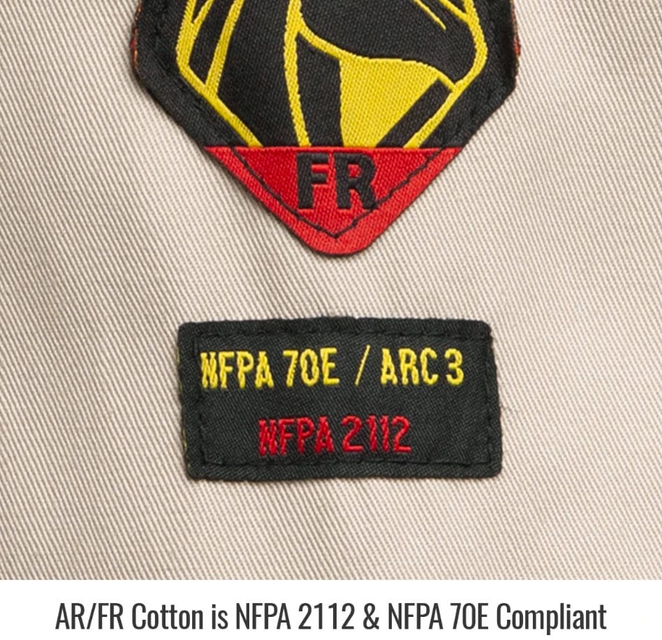 Black Stallion FR and NFPA 70E ARC 3 safety compliance label on tan fabric