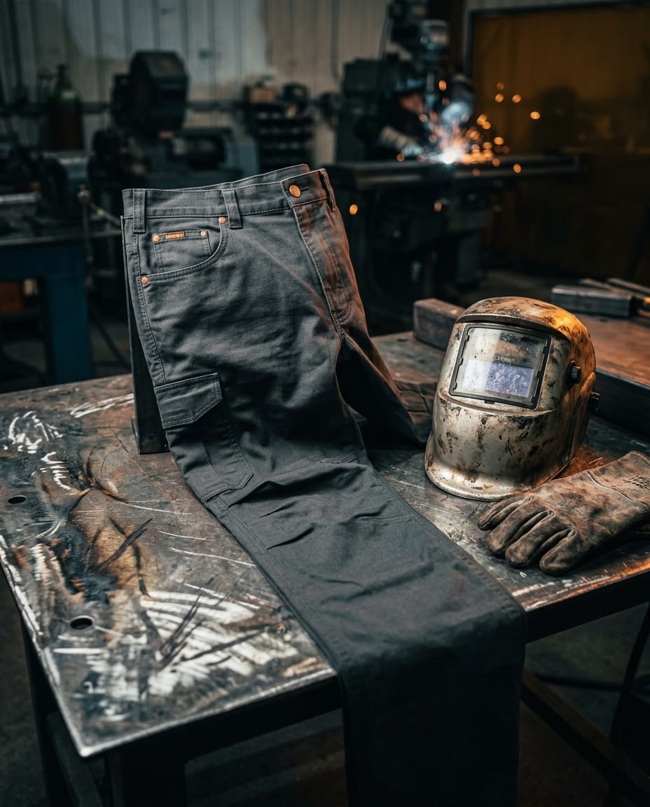 Black Stallion grey work pants with welding helmet and gloves on a metal workshop table