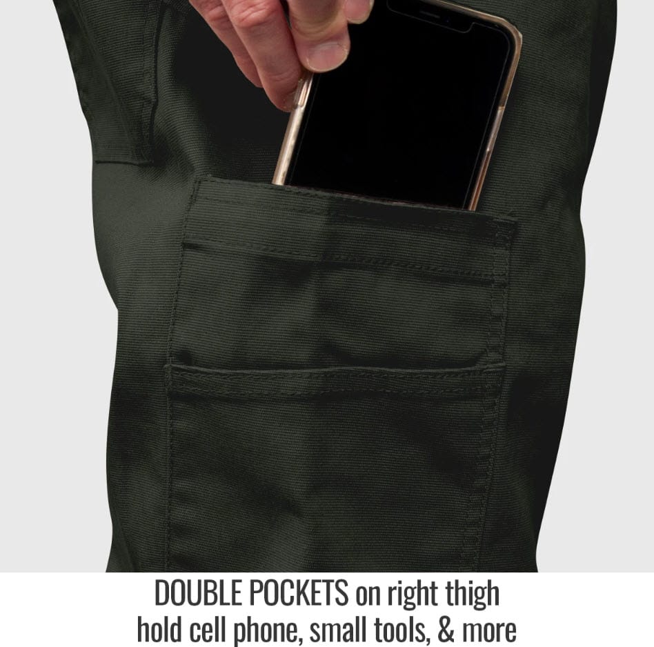 Black Stallion work pants featuring double thigh pockets for cell phone and tool storage