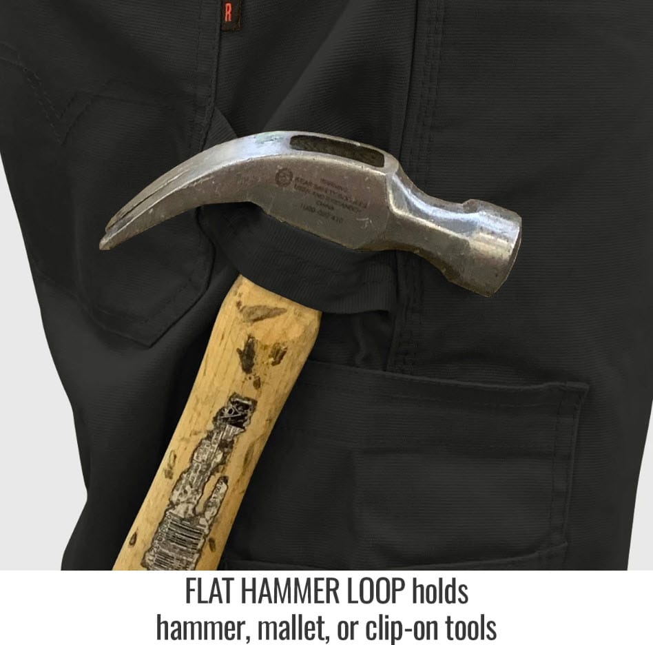 Black Stallion work pants featuring a flat hammer loop holding a metal hammer