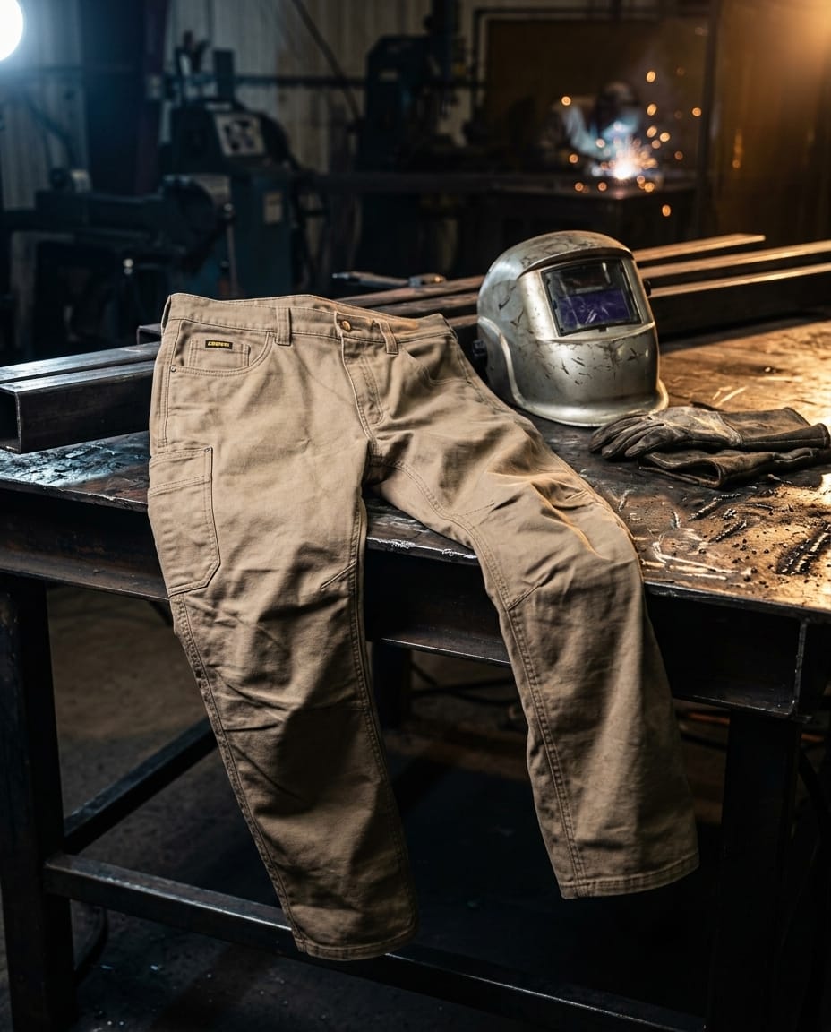 Black Stallion tan work pants with welding helmet and gloves on a metal workbench