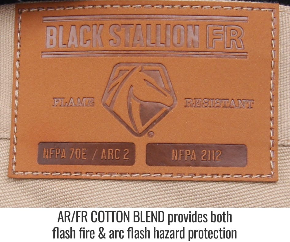 Black Stallion FR leather label with NFPA 70E ARC 2 and NFPA 2112 safety certifications