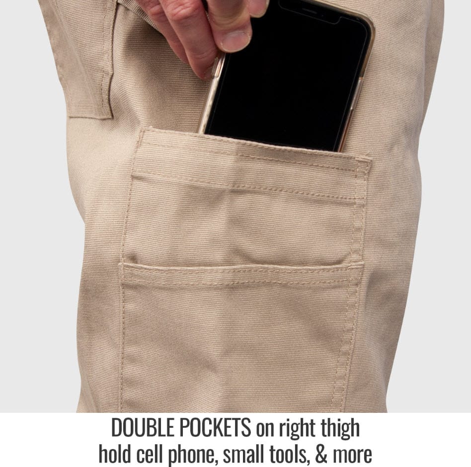 Black Stallion work pants featuring double thigh pockets with a cell phone inserted
