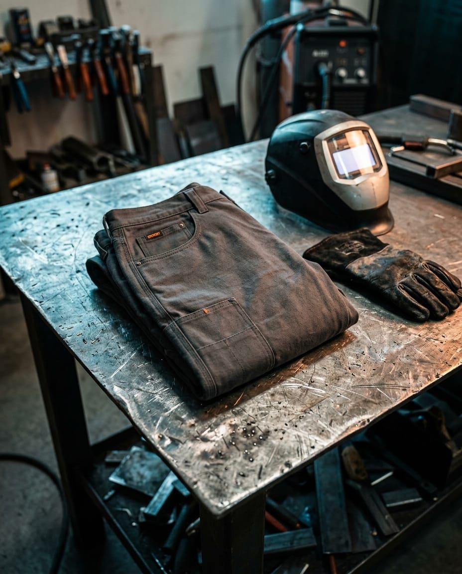 Black Stallion work pants folded on a metal workshop table with a welding helmet and glove