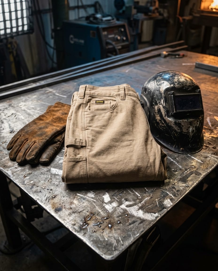 Black Stallion tan work pants with welding gloves and a welding helmet on a metal workbench