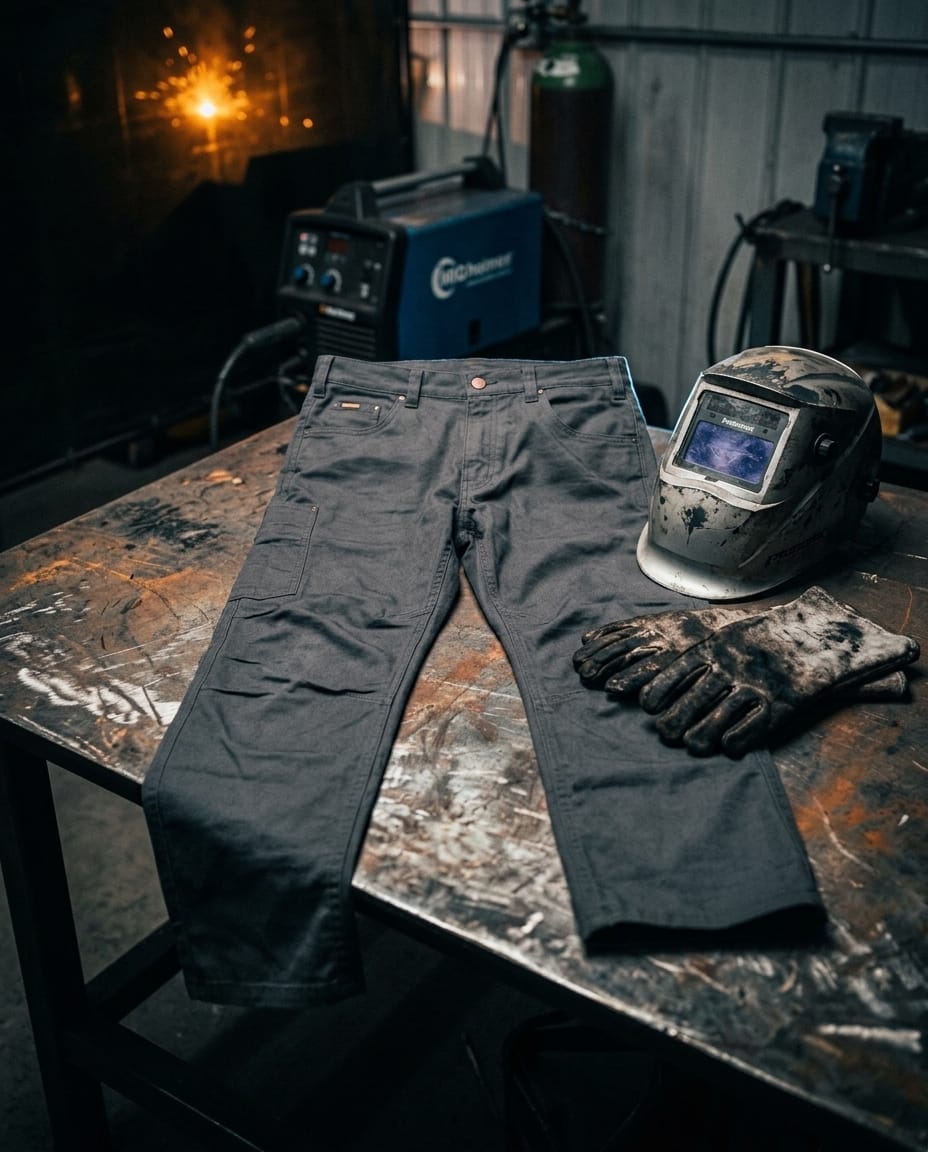 Black Stallion work pants with welding helmet and gloves on a metal workbench