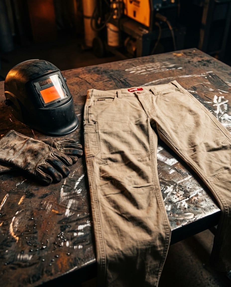 Black Stallion tan work pants with welding helmet and gloves on a metal workbench
