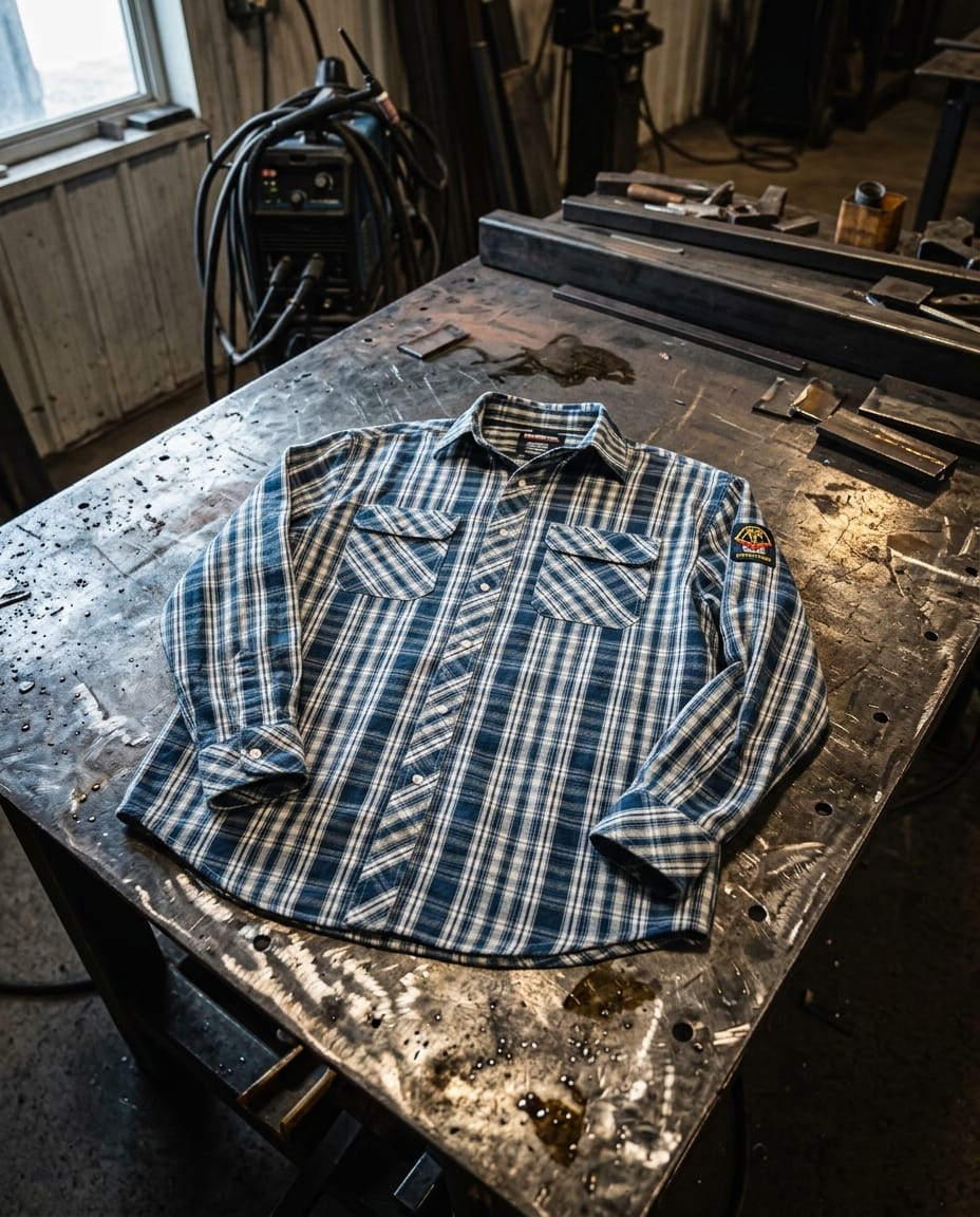 Black Stallion blue and white plaid long sleeve work shirt on a metal workshop table