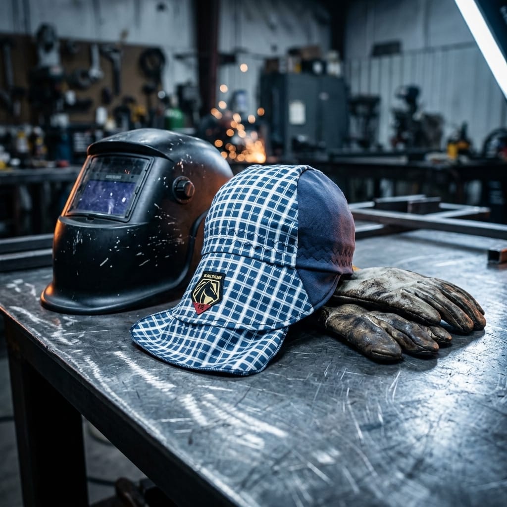 Black Stallion plaid welding cap next to a welding helmet and leather gloves on a metal workbench