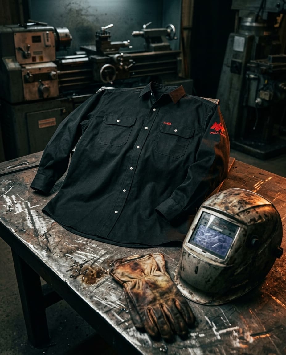 Black Stallion black long sleeve work shirt with welding helmet and leather glove on a metal workbench