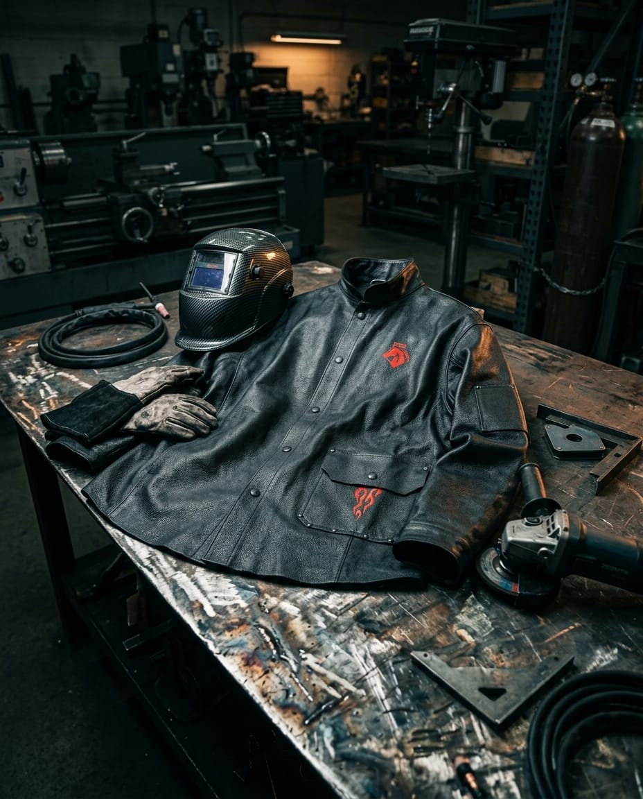 Black Stallion leather welding jacket with welding helmet and gloves on a workshop table