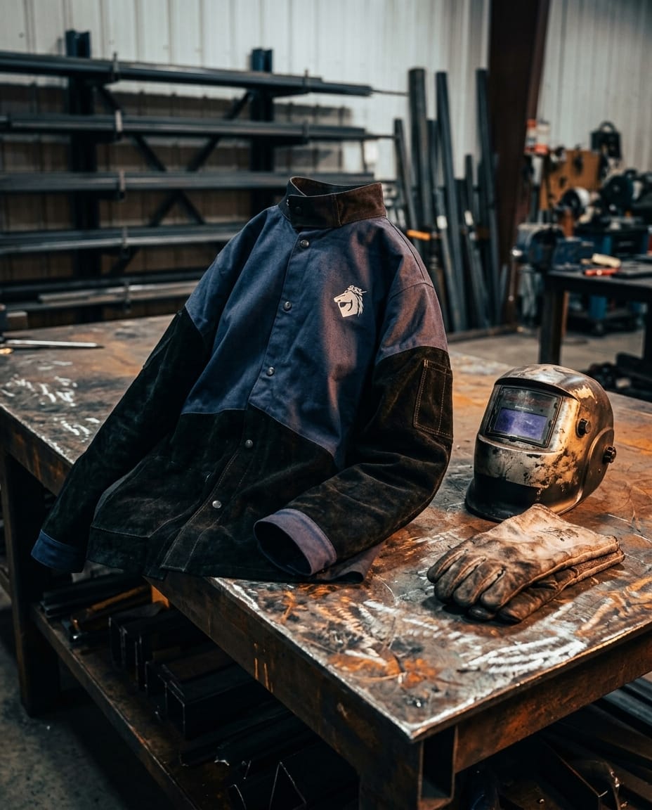 Black Stallion welding jacket with helmet and gloves on a metal workbench