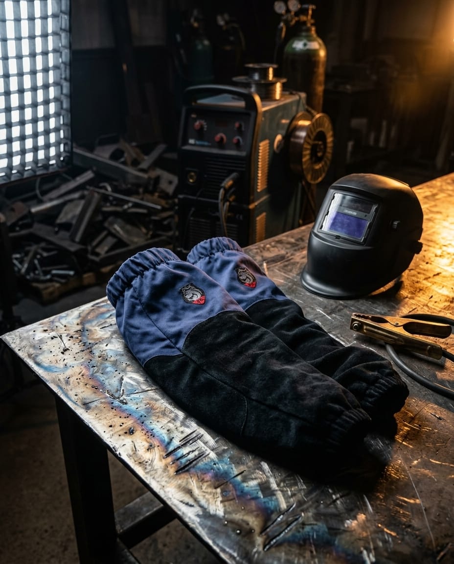 Black Stallion blue and black welding sleeves on a metal workbench with a welding helmet
