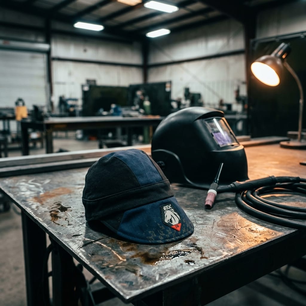 Black Stallion welding cap with BSX logo on a metal workbench next to a welding helmet