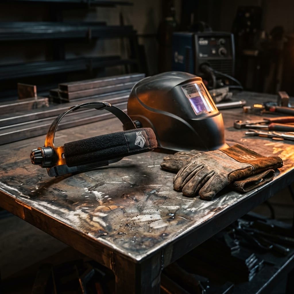 Black Stallion welding helmet headgear and leather gloves on a metal workbench