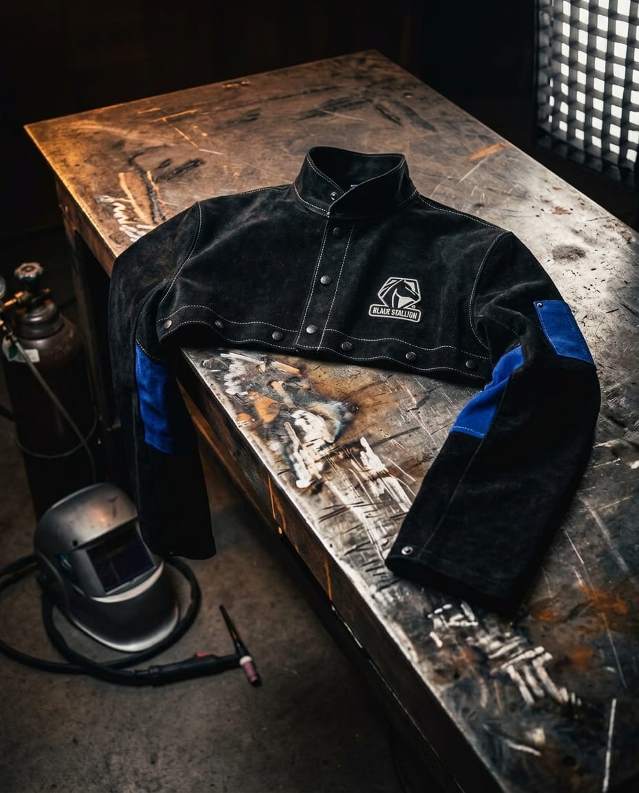Black Stallion black leather welding cape sleeve on a metal workbench