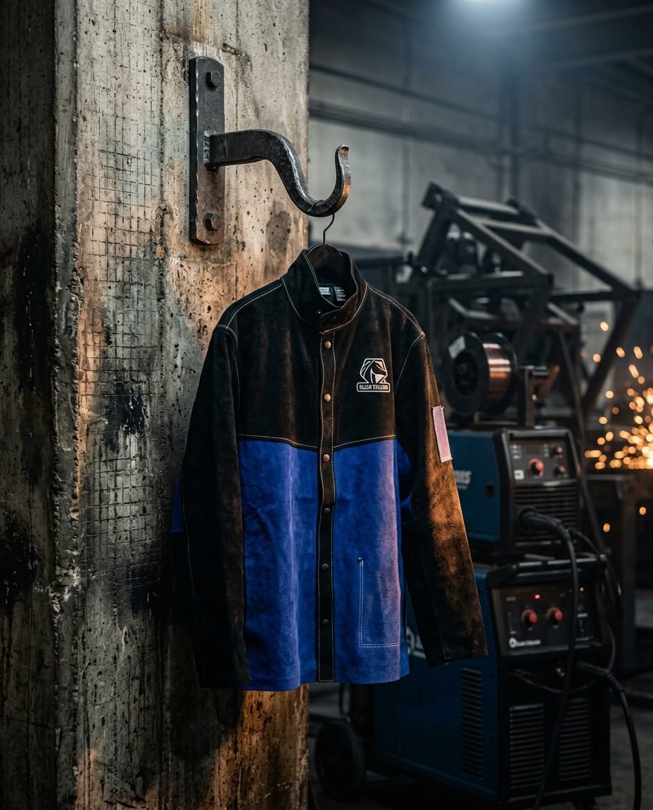 Black Stallion blue and black leather welding jacket hanging on a metal hook in a workshop