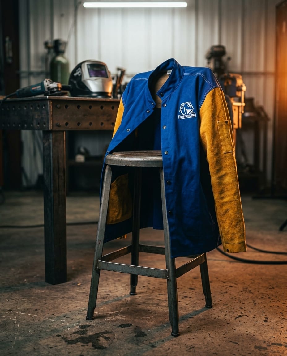 Black Stallion blue and yellow welding jacket on a metal stool in a workshop