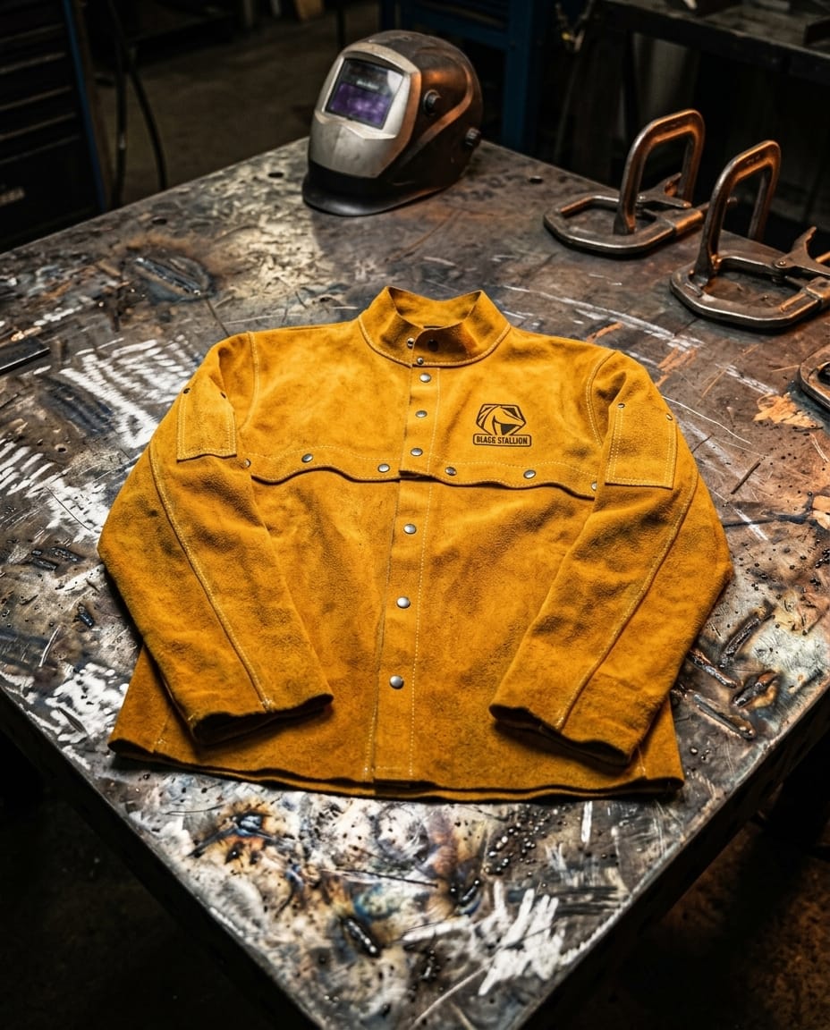 Black Stallion gold leather welding jacket on a metal workbench with welding helmet and clamps