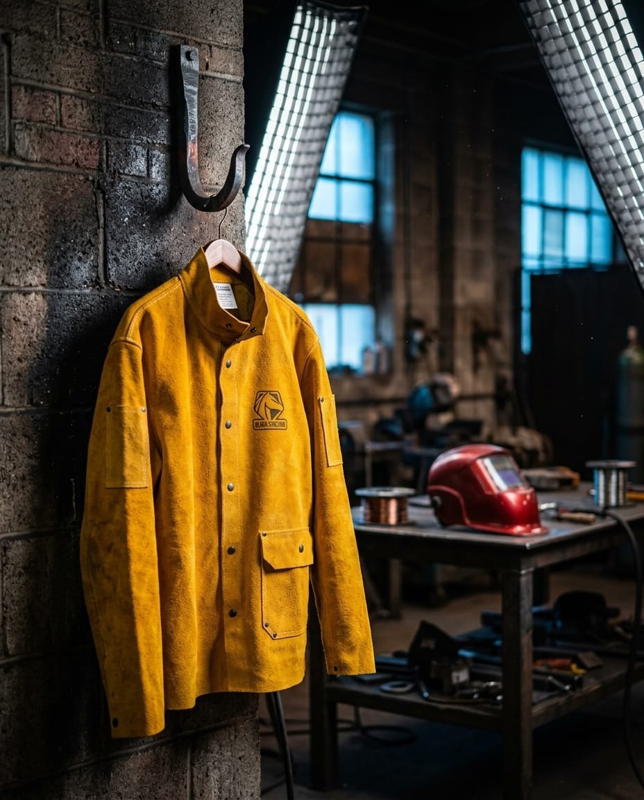 Black Stallion yellow leather welding jacket hanging on a wall in a workshop