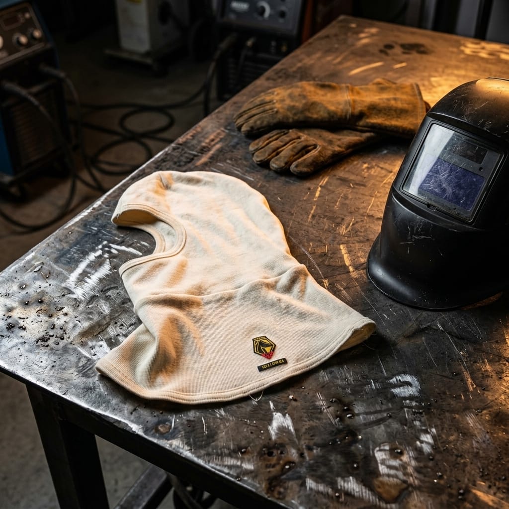 Black Stallion beige welding balaclava on a metal workbench with welding gloves and a helmet