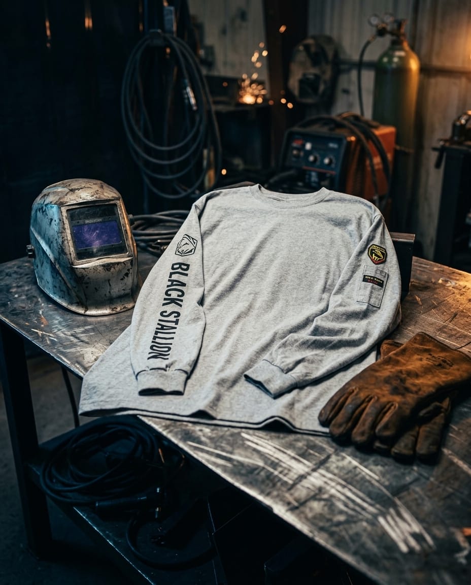 Black Stallion grey long sleeve shirt with welding helmet and leather gloves on a metal workbench