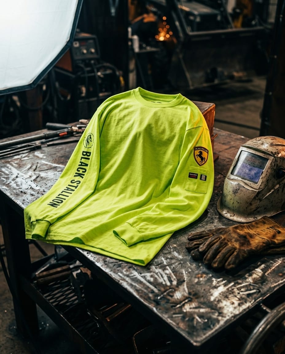 Black Stallion neon green long sleeve shirt on a metal workbench with welding gear