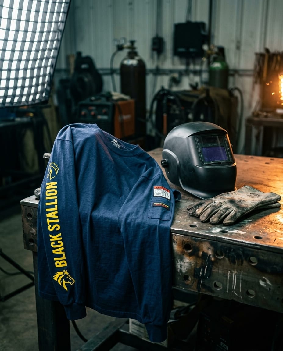 Black Stallion long sleeve shirt with welding helmet and gloves on a workbench