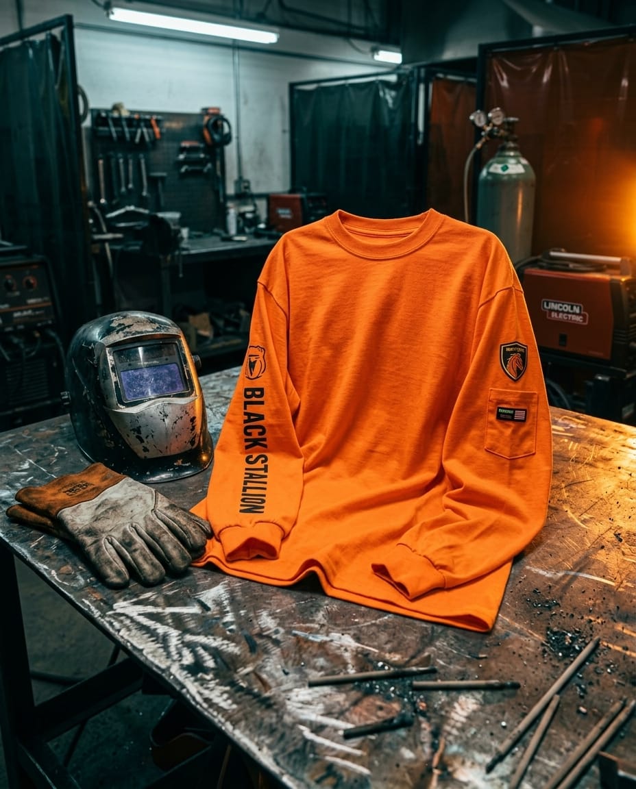 Black Stallion orange long sleeve shirt with sleeve branding on a welding table with a helmet and gloves