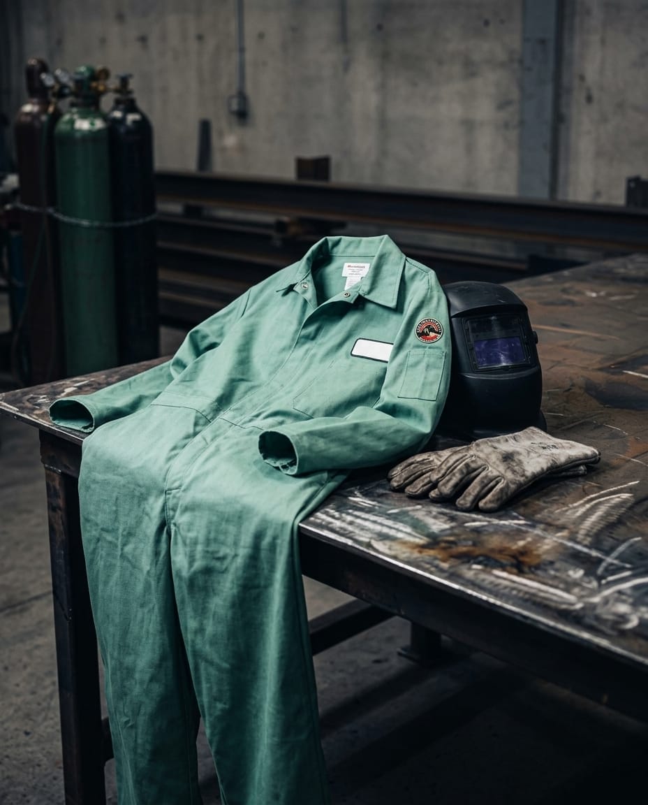 Black Stallion green welding coveralls with welding helmet and gloves on a metal workbench