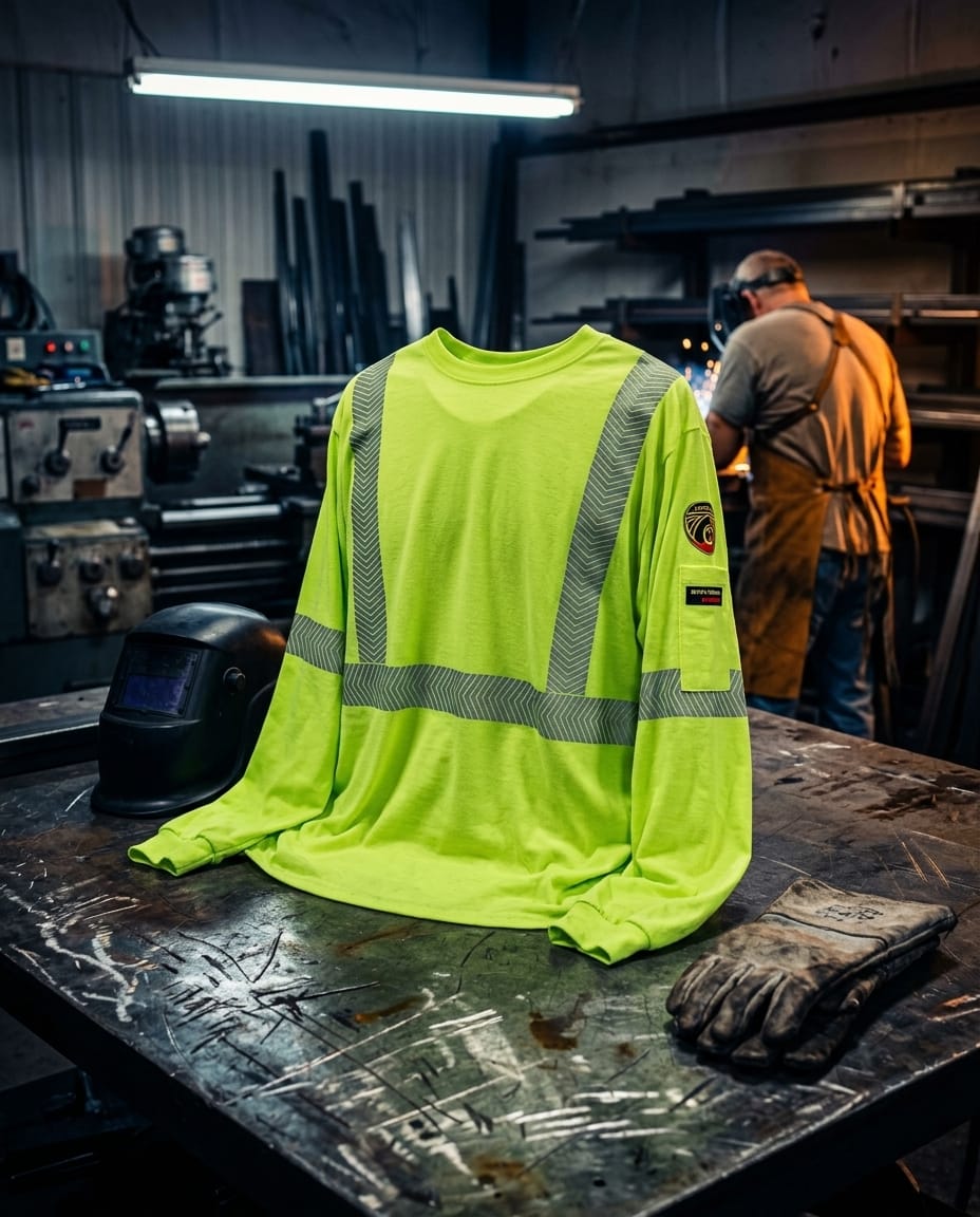 Black Stallion high visibility long sleeve shirt with reflective strips on a workshop table