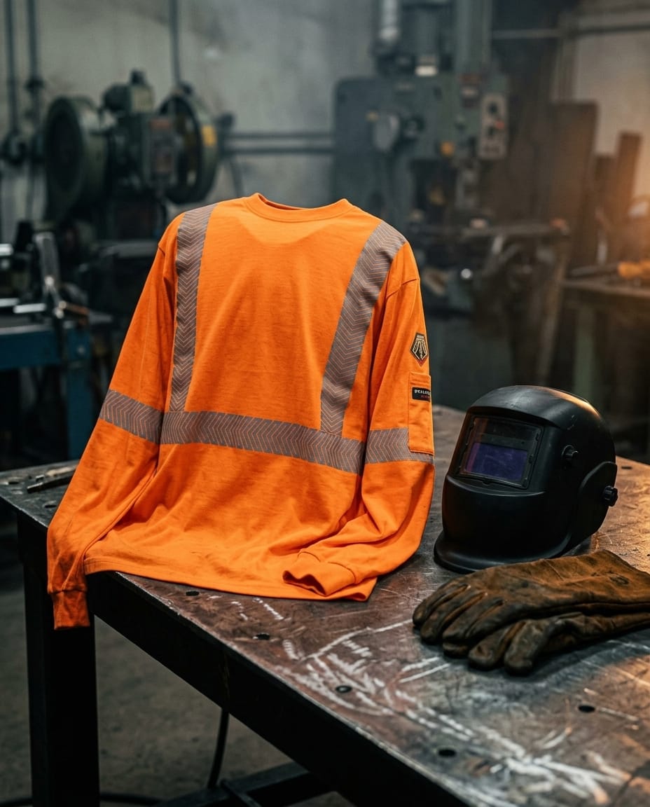 Black Stallion orange high visibility long sleeve shirt with reflective tape next to welding helmet and gloves