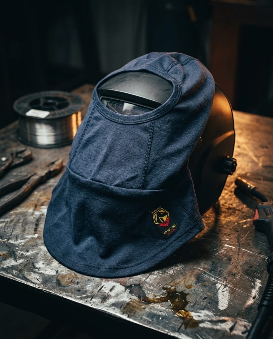 Black Stallion blue welding hood liner on a welding helmet