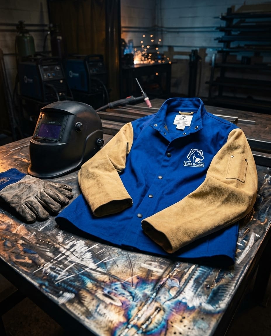 Black Stallion welding jacket with leather sleeves on a metal workbench with a welding helmet and gloves