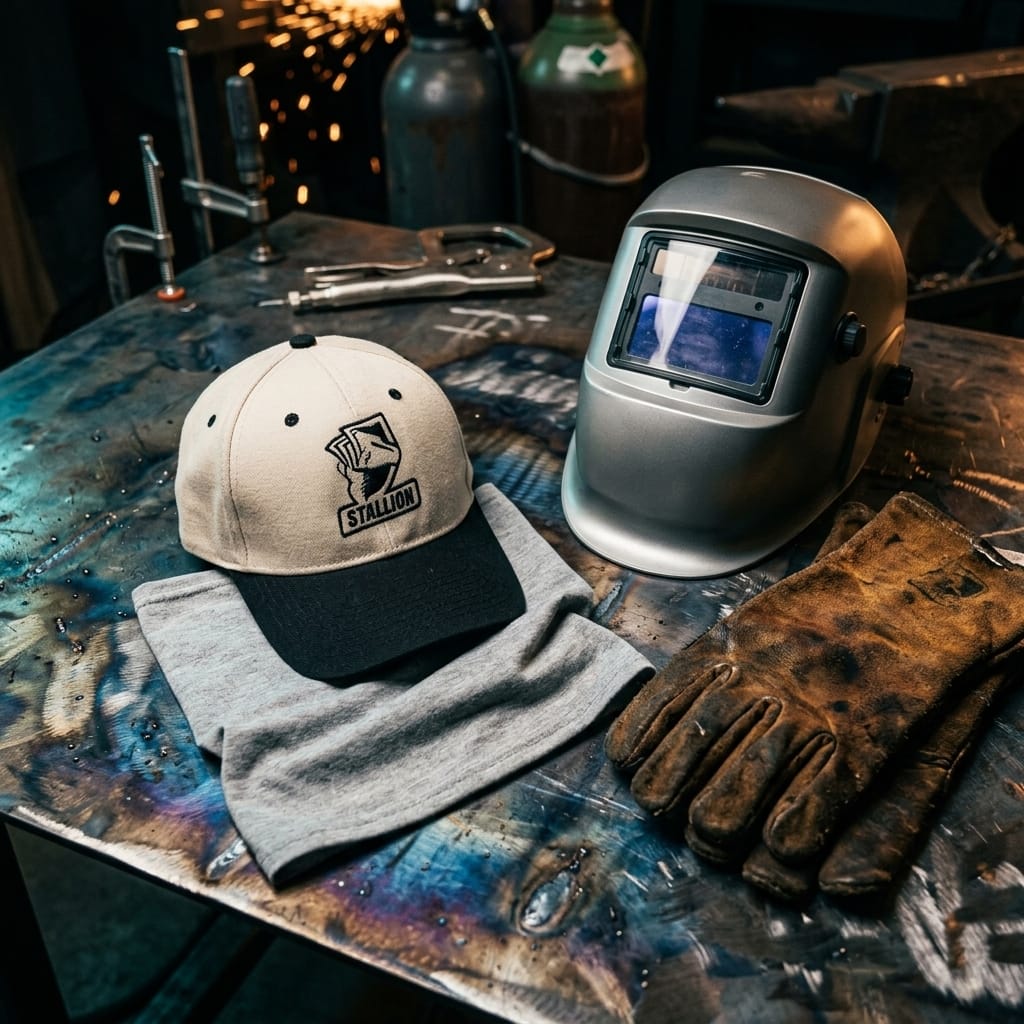 Black Stallion baseball cap with welding helmet and leather gloves on a metal workbench