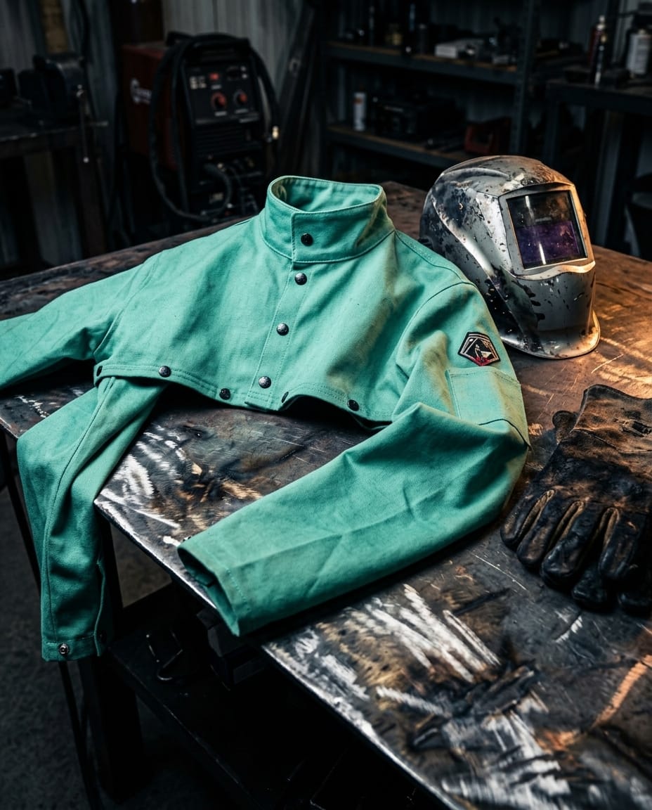 Black Stallion green welding cape sleeve with welding helmet and gloves on a workbench