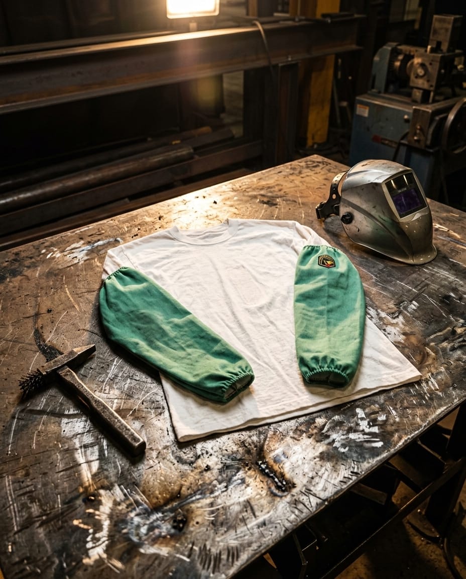 Black Stallion white long sleeve shirt with green protective sleeves on a metal workbench with a welding helmet