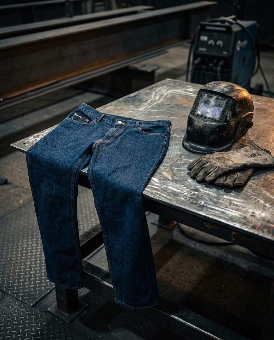 Black Stallion blue denim jeans with a welding helmet and leather gloves on a metal workbench