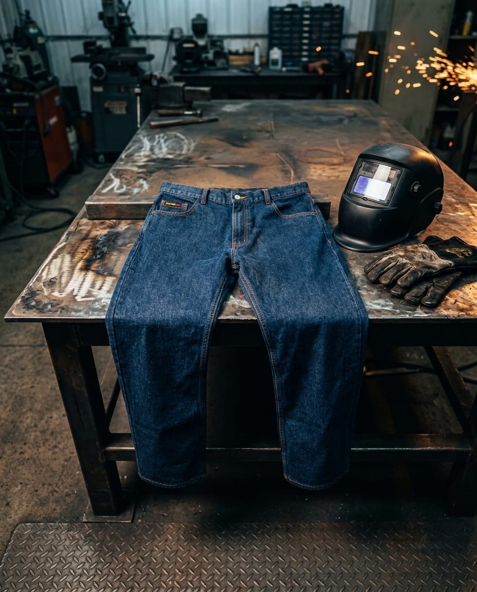Black Stallion flame resistant denim jeans on a metal workbench with a welding helmet and gloves