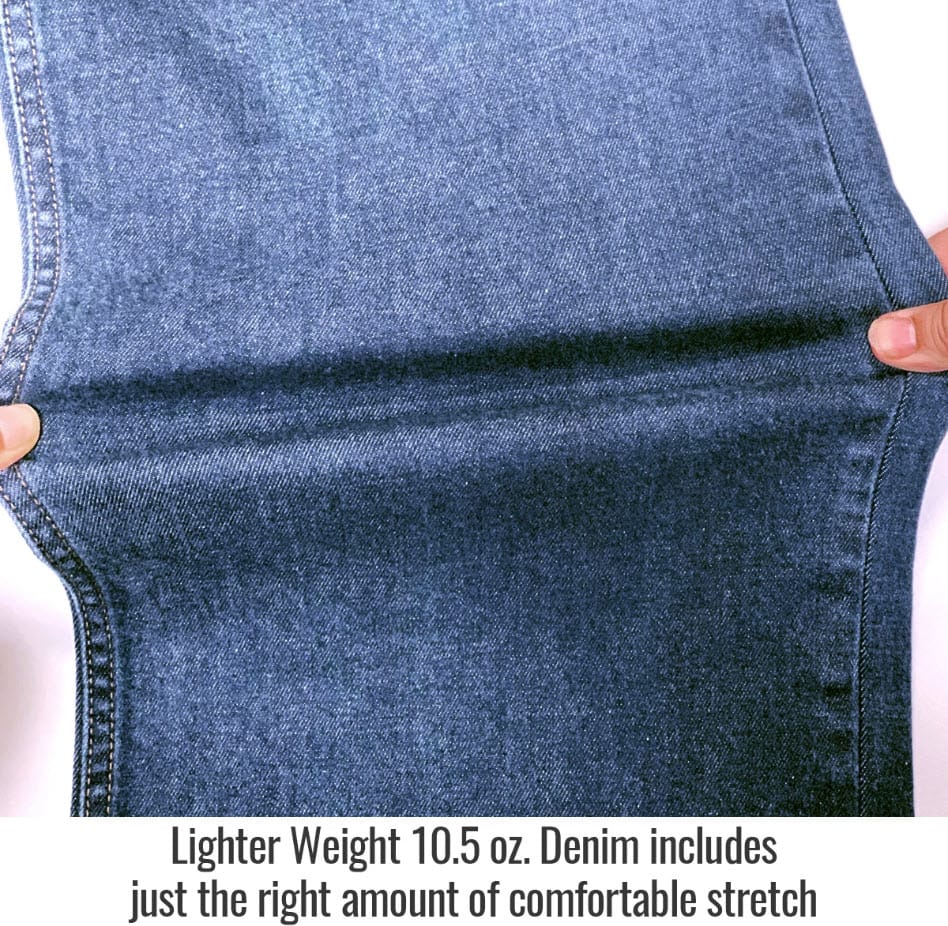 Black Stallion 10.5 ounce stretch denim fabric being pulled to show elasticity