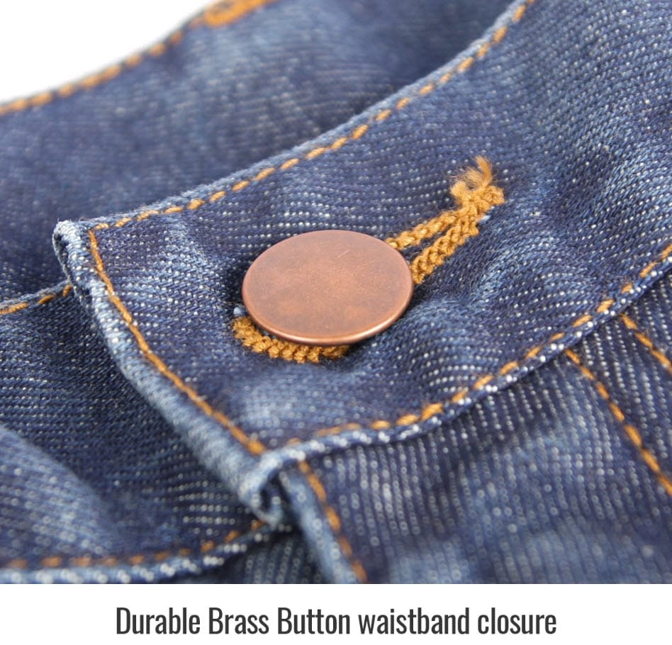 Black Stallion denim jeans featuring a brass button waistband closure