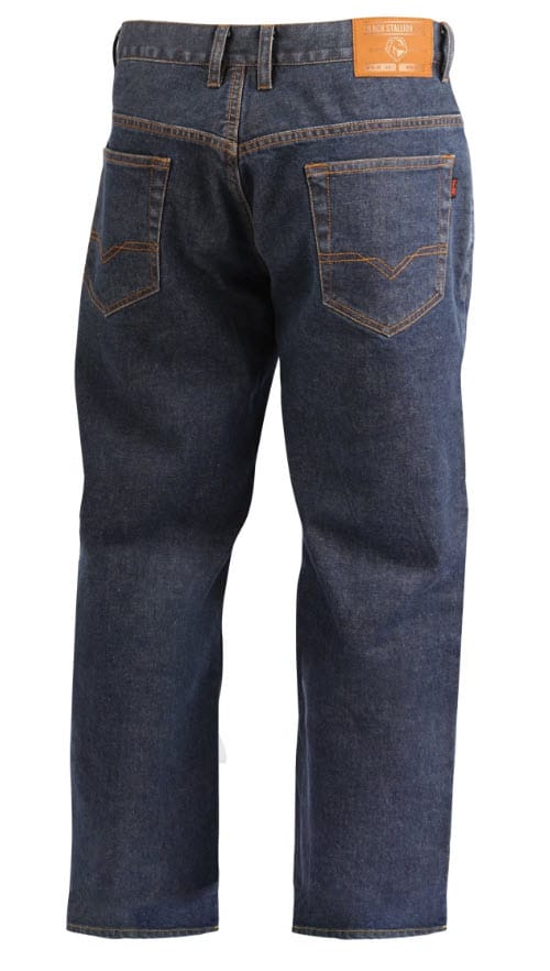 Back view of Black Stallion dark blue denim jeans with leather brand patch on waistband