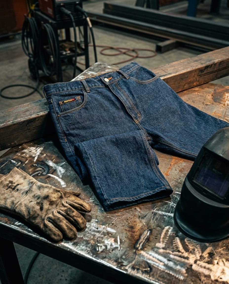 Black Stallion dark blue denim jeans on a metal workbench with a welding glove and helmet