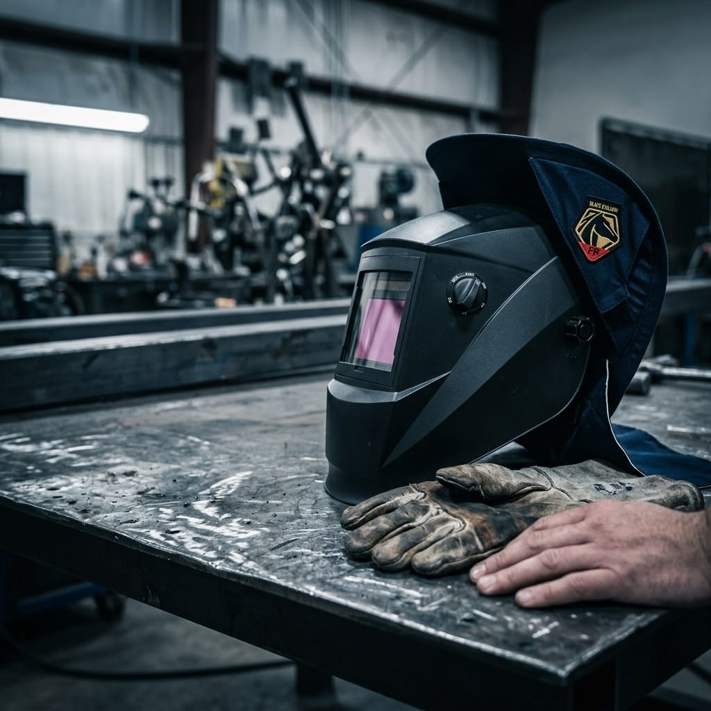 Black Stallion welding helmet and leather gloves on a metal workbench